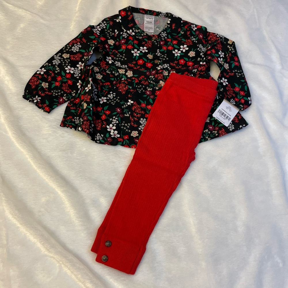 Carter’s 2 piece outfit floral blouse top and sweater pants 12 & 18 & 24 months